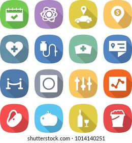 flat vector icon set - calendar vector, atom, car pointer, dollar pin, heart cross, dropper, medical hat, location details, vip fence, ring button, setup, analytics, beans, tomato, wine, foam bucket