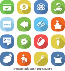 flat vector icon set - calendar vector, money message, atom, electric car, market, left arrow, crutch, hospital recieption, location details, solar power, beans, carrot, lemon, trash, rake, hanger