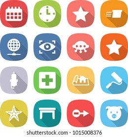 flat vector icon set - calendar vector, clock, star, delivery, globe connect, eye identity, ufo, spark plug, medical cross, project, repair, starfish, table, electron, pig