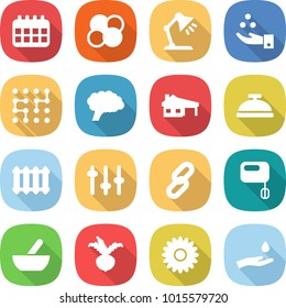 flat vector icon set - calendar vector, atom core, table lamp, chemical industry, chip, brain, house with garage, service bell, radiator, setup, link, mixer, mortar, beet, flower, hand and drop