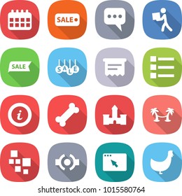 flat vector icon set - calendar vector, sale, message, courier, atm receipt, list, info, bone, castle, palm hammock, blocks, connect, browser window, chicken