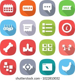 flat vector icon set - calendar vector, sale, message, atm receipt, list, info, bone, castle, panel house, palm hammock, blocks, connect, browser window, chicken