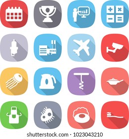 flat vector icon set - calendar vector, trophy, presentation, calculator, spark plug, mall, airplane, surveillance, jellyfish, kettle, corkscrew, pan, apron, microbe, soap, tooth brush