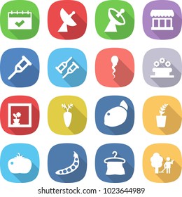flat vector icon set - calendar vector, satellite antenna, market, crutch, sperm, flower bed, in window, carrot, lemon, seedling, tomato, peas, hanger, garden cleaning