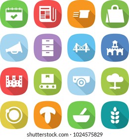 flat vector icon set - calendar vector, newspaper, delivery, shopping bag, loudspeaker, archive, bridge, fort, palace, transporter tape, surveillance camera, cloud, orbit, mushroom, mortar, spike