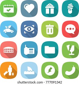 flat vector icon set - calendar vector, heart, gift, bulb, eco car, eye identity, bin, balloon, airport building, phone, documents, broken, passenger, shark flipper, electricity, eggplant