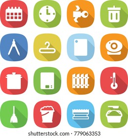 flat vector icon set - calendar vector, clock, satellite, bin, drawing compasses, hanger, cutting board, web camera, pan, kitchen scales, fence, thermometer, broom, foam bucket, sponge