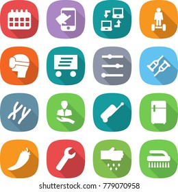flat vector icon set - calendar vector, touch, notebook connect, hoverboard, virtual mask, delivery, equalizer, crutch, chromosomes, client, suitcase, fridge, hot pepper, wrench, sow, brush