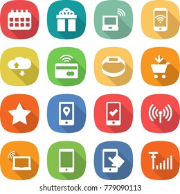 flat vector icon set - calendar vector, gift, notebook wireless, phone, cloud service, tap to pay, smart bracelet, add cart, star, mobile location, checking, laptop wifi, touchscreen, antenna signal
