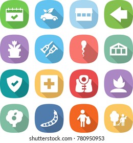 flat vector icon set - calendar vector, eco car, market, left arrow, flower, crutch, sperm, greenhouse, protected, first aid, life vest, sprouting, garden, peas, trash, cleaning