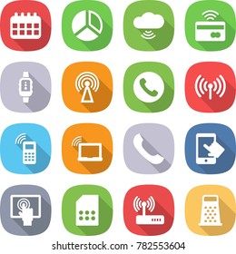 flat vector icon set - calendar vector, diagram, cloud wireless, tap to pay, smart watch, antenna, phone, mobile, laptop wifi, touchscreen, sim card, router, grater