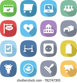 flat vector icon set - calendar vector, delivery, notebook, group, shop signboard, pacemaker, cottage, warehouse, clipboard check, vip fence, power socket, bank, cow, ecology, scraper, spot