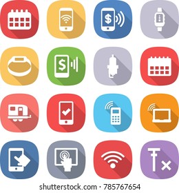 flat vector icon set - calendar vector, phone wireless, pay, smart watch, bracelet, mobile, spark plug, trailer, checking, laptop wifi, touchscreen, no signal