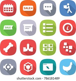 flat vector icon set - calendar vector, sale, message, courier, atm receipt, list, info, bone, castle, panel house, blocks, connect, 3d, browser window, chicken