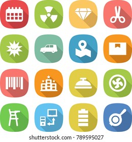 flat vector icon set - calendar vector, nuclear, diamond, scissors, virus, car shipping, map, package box, bar code, hotel, service bell, cooler fan, Chair for babies, data transfer, battery, pan