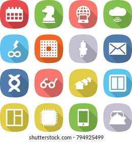 flat vector icon set - calendar vector, chess horse, notebook globe, cloud wireless, infinity power, cpu, spark plug, mail, dna, pacemaker, houses, switch, window, phone, kettle