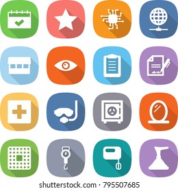 flat vector icon set - calendar vector, star, chip, globe connect, market, eye, clipboard, inventory, first aid, diving mask, safe, mirror, cpu, handle scales, mixer, plunger