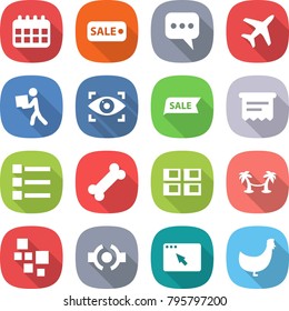 flat vector icon set - calendar vector, sale, message, plane, courier, eye identity, atm receipt, list, bone, panel house, palm hammock, blocks, connect, browser window, chicken