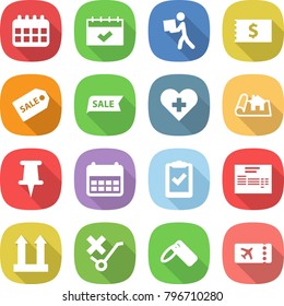 flat vector icon set - calendar vector, courier, receipt, sale label, heart cross, project, pin, clipboard check, invoice, cargo top sign, do not trolley, ticket