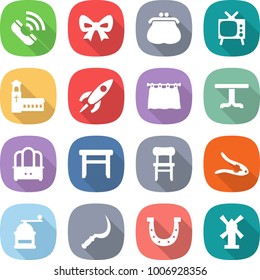 flat vector icon set - call vector, bow, purse, tv, church, rocket, curtain, table, dresser, stool, chair, walnut crack, hand mill, sickle, horseshoe, windmill
