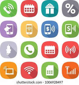 flat vector icon set - call vector, calendar, gift, percent, touch, phone wireless, pay, mobile, spark plug, laptop wifi, sim card, antenna signal