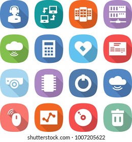 flat vector icon set - call center vector, notebook connect, server, cloud wireless, calculator, pacemaker, invoice, surveillance camera, chip, on off button, service, mouse, analytics, cd