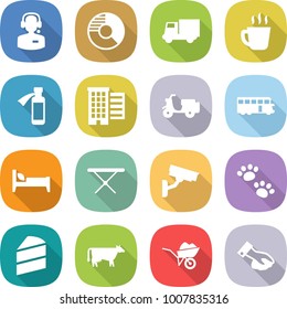flat vector icon set - call center vector, circle diagram, truck, hot drink, potion bottle, houses, scooter shipping, bus, bed, iron board, surveillance camera, pets, cake, cow, wheelbarrow, wiping