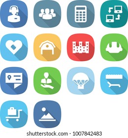 flat vector icon set - call center vector, group, calculator, notebook connect, pacemaker, barn, palace, building helmet, location details, client, parachute delivery, lounger, baggage trolley
