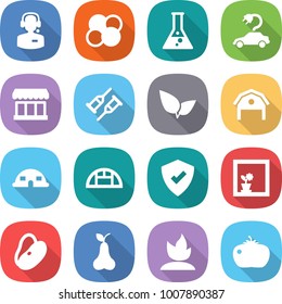 flat vector icon set - call center vector, atom core, flask, electric car, market, crutch, leafs, barn, dome house, greenhouse, protected, flower in window, beans, pear, sprouting, tomato
