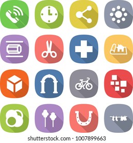 flat vector icon set - call vector, clock, molecule, round around, nano tube, scissors, cross, project, 3d, arch, bike, blocks, atom core, trees, horseshoe, drying clothes