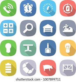 flat vector icon set - call vector, alarm clock, lightning, battery charge, calculator, magnifier, garage, surfer, bulb, table, scoop, croissant, pig, farm fence