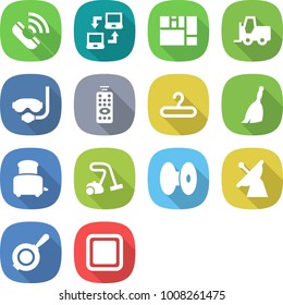 flat vector icon set - call vector, notebook connect, consolidated cargo, fork loader, diving mask, remote control, hanger, broom, toaster, vacuum cleaner, coil, satellite antenna, pan
