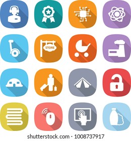 flat vector icon set - call center vector, medal, chip, atom, gyroscooter, store signboard, baby stroller, factory, dome house, passenger, tent, unlocked, towels, wireless mouse, touchscreen