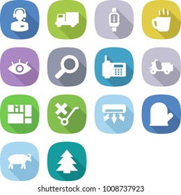 flat vector icon set - call center vector, truck, smart watch, hot drink, eye, magnifier, phone, scooter shipping, consolidated cargo, do not trolley sign, air conditioning, cook glove, sheep