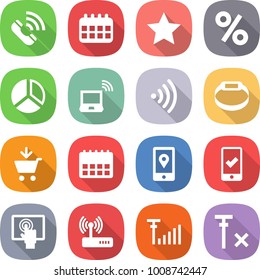 flat vector icon set - call vector, calendar, star, percent, diagram, notebook wireless, smart bracelet, add to cart, mobile location, checking, touchscreen, router, antenna signal, no
