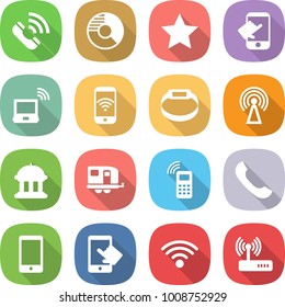 flat vector icon set - call vector, circle diagram, star, touch, notebook wireless, phone, smart bracelet, antenna, goverment house, trailer, mobile, touchscreen, router