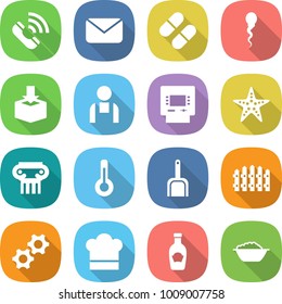 flat vector icon set - call vector, mail, pill, sperm, package, workman, atm, starfish, antique column, thermometer, scoop, fence, gears, cook hat, ketchup, foam basin