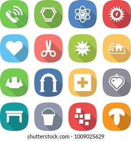 flat vector icon set - call vector, hex molecule, atom, sun power, heart, scissors, virus, project, building helmet, arch, first aid, pendant, table, bucket, blocks, mushroom
