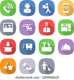 flat vector icon set - call vector, center, courier, phone wireless, tools, ambulance helicopter, doctor, consolidated cargo, package, fast deliver, repair, meal cap, bucket and broom, wiping
