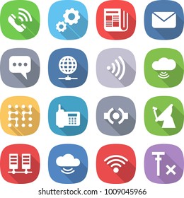 flat vector icon set - call vector, gear, newspaper, mail, message, globe connect, wireless, cloud, chip, phone, satellite antenna, server, service, no signal