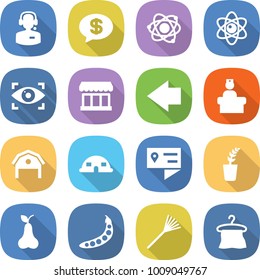 flat vector icon set - call center vector, money message, atom, eye identity, market, left arrow, hospital recieption, barn, dome house, location details, seedling, pear, peas, rake, hanger