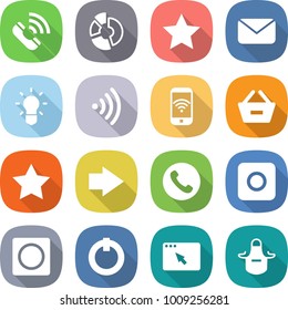 flat vector icon set - call vector, circle diagram, star, mail, bulb, wireless, phone, remove from basket, right arrow, ring button, on off, browser window, apron