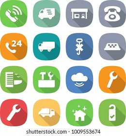 flat vector icon set - call vector, delivery, gas station, phone, 24, shipping, do not hook sign, taxi, hotel, repair tools, cloud service, wrench, trash truck, house cleaning, please clean