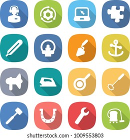 flat vector icon set - call center vector, around gear, notebook, puzzle, medical thermometer, tomography, construction, anchor, loudspeaker, iron, pan, whisk, meat hammer, horseshoe, wrench