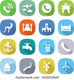flat vector icon set - call vector, journey, phone, arch, greate wall, minaret, fort, gothic architecture, anchor, water tap, mobile, hand mill, sickle, windmill