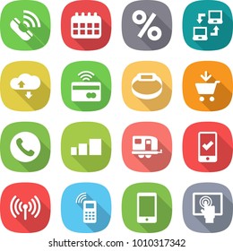 flat vector icon set - call vector, calendar, percent, notebook connect, cloud service, tap to pay, smart bracelet, add cart, phone, sorting, trailer, mobile checking, wireless, touchscreen