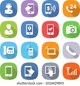 flat vector icon set - call center vector, touch, phone pay, 24, support manager, mobile location, checking, camera, intercome, laptop wifi, touchscreen, antenna signal