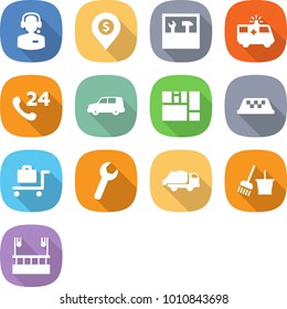 flat vector icon set - call center vector, dollar pin, tools, ambulance car, phone 24, shipping, consolidated cargo, taxi, baggage trolley, wrench, trash truck, bucket and broom