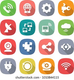 flat vector icon set - call vector, notebook globe, gear, satellite, antenna, connect, wireless, cloud, web cam, puzzle, share, plug, orbit, camera