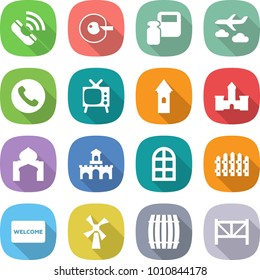 flat vector icon set - call vector, cell corection, scales weight, journey, phone, tv, tower, castle, minaret, fort, arch window, fence, welcome mat, windmill, barrel, farm